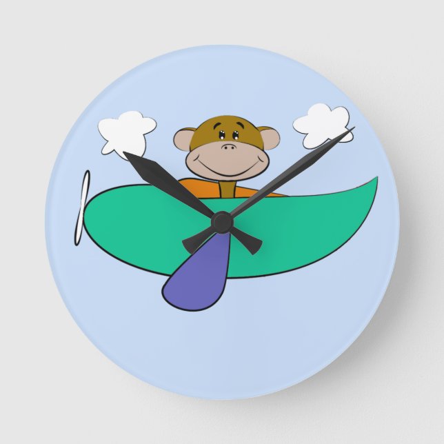 Monkey in Colourful Aeroplane Round Clock (Front)