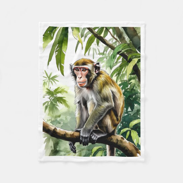 Monkey in Jungle Tree Branch Watercolor Fleece Bla Blanket (Front)