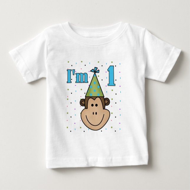Monkey in Party Hat 1st Birthday Tshirts (Front)
