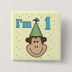 Monkey in Party Hat 1st Birthday Tshirts 15 Cm Square Badge