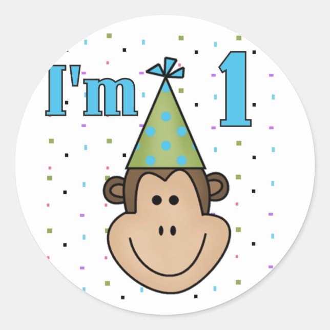 Monkey in Party Hat 1st Birthday Tshirts Classic Round Sticker (Front)