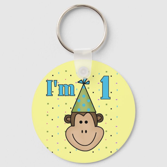 Monkey in Party Hat 1st Birthday Tshirts Key Ring (Front)