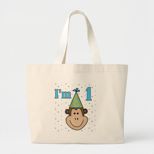 Monkey in Party Hat 1st Birthday Tshirts Large Tote Bag (Front)