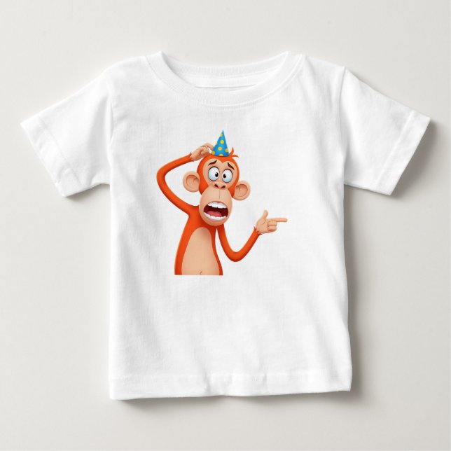 Monkey in Party Hat Pointing Aside Baby T-Shirt (Front)
