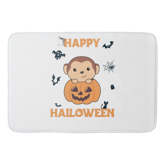 Monkey In Pumpkin Cute Monkeys Happy Halloween Bath Mat (Front)
