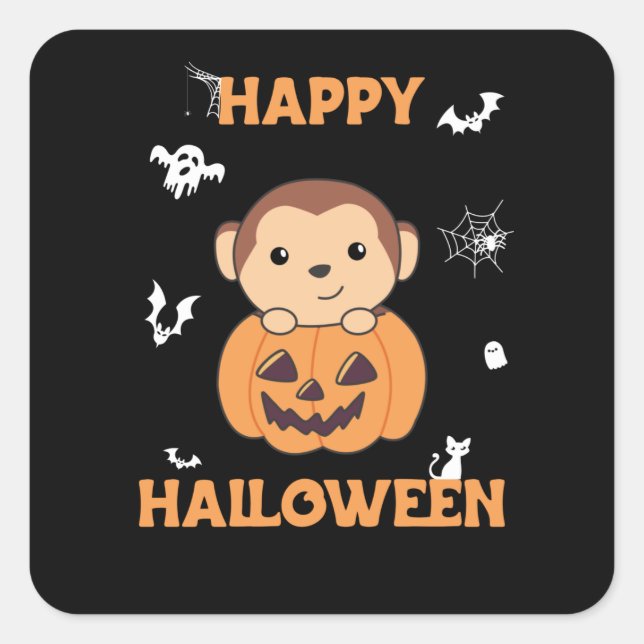 Monkey In Pumpkin Cute Monkeys Happy Halloween Square Sticker (Front)