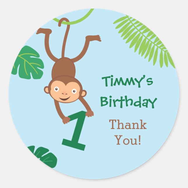 Monkey in the Jungle First Birthday Favour Sticker (Front)