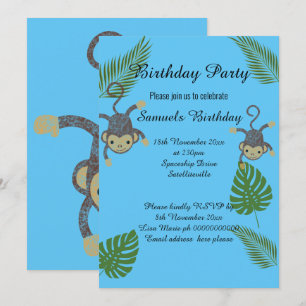 MONKEY JUNGLE  BLUE CHILDRENS BIRTHDAY INVITATION