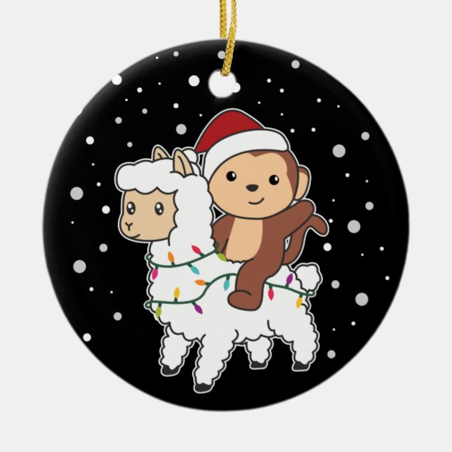 Monkey Lama Christmas Snow Winter Animals Ceramic  Ornament (Front)