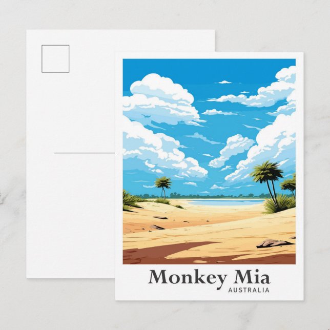 Monkey Mia Australia Vintage Travel Illustration Postcard (Front/Back)