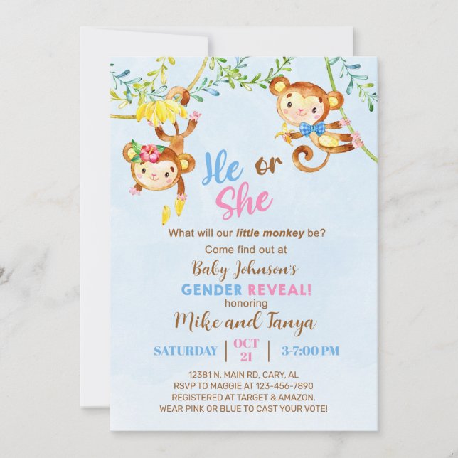 Monkey, monkeys gender reveal invitation. invitation (Front)