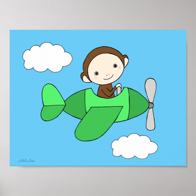 Monkey Nursery Print Cute Happy Monkey on Aeroplan (Front)