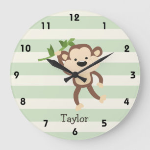 Monkey on Pastel Green Stripes Large Clock