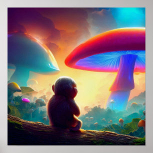 Monkey overlooking Mushroom Landscape Poster