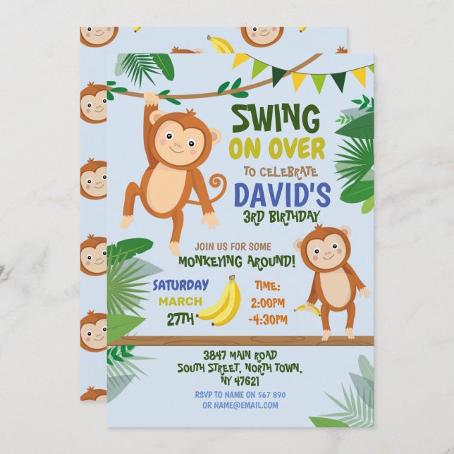 Monkey Party Birthday Swing Over Blue Invitation (Front/Back)