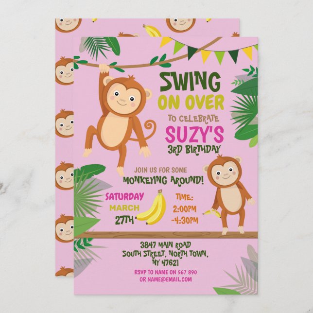 Monkey Party Birthday Swing Over Girl Pink Invitation (Front/Back)
