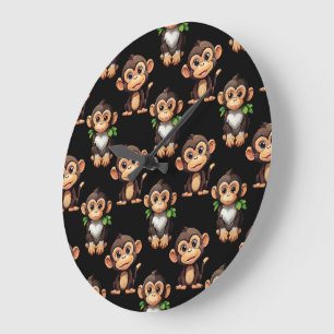 Monkey Pattern Design Black  Large Clock