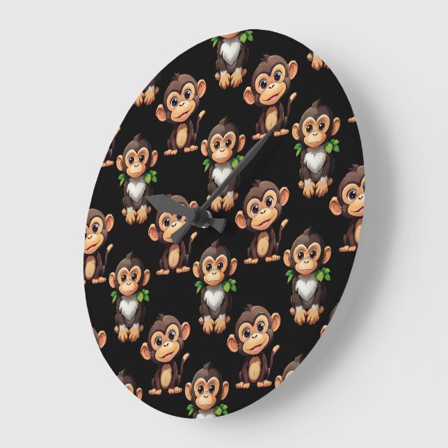 Monkey Pattern Design Black  Large Clock (Angle)