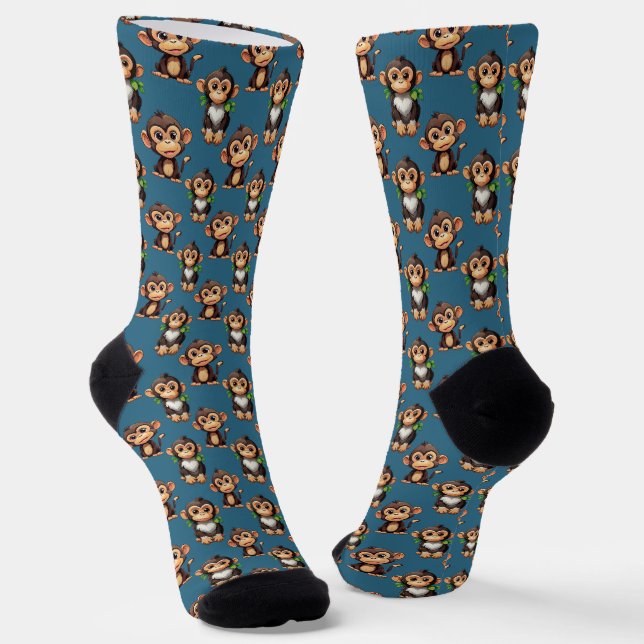 Monkey Pattern Design Blue  Socks (Angled)