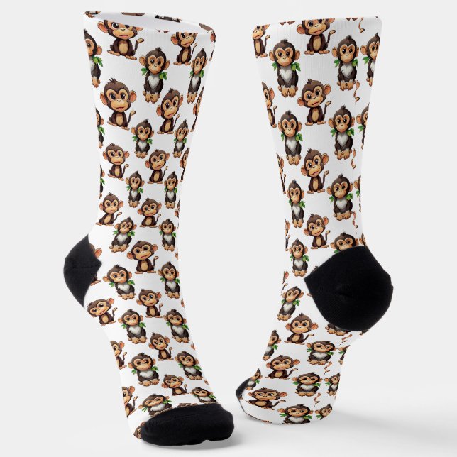 Monkey Pattern Design White  Socks (Angled)