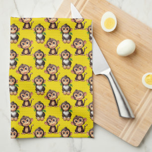 Monkey Pattern Design Yellow Tea Towel