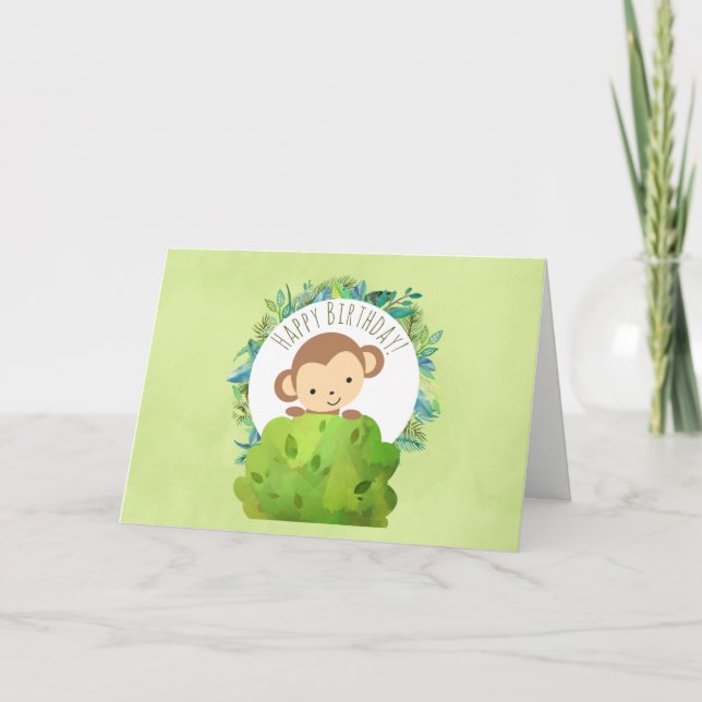 Monkey Peeking Out from Behind a Bush Birthday Card (Front)
