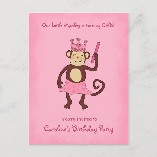 Monkey Princess 1st Birthday Invitation Postcard (Front)