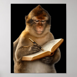 Monkey reading book writing journal book lover poster