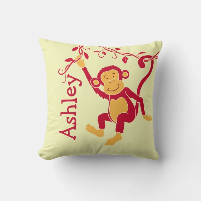 Monkey red yellow personalised name kids pillow (Front)