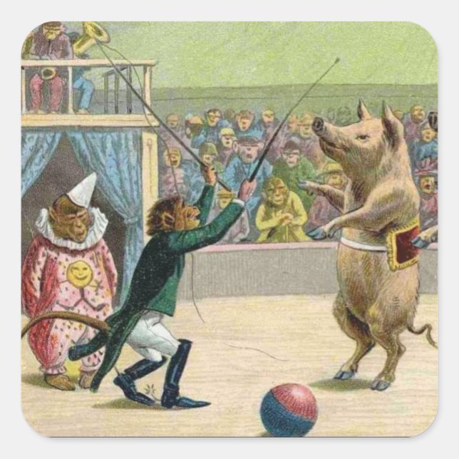 Monkey Ringmaster and Circus Pigs Square Sticker (Front)