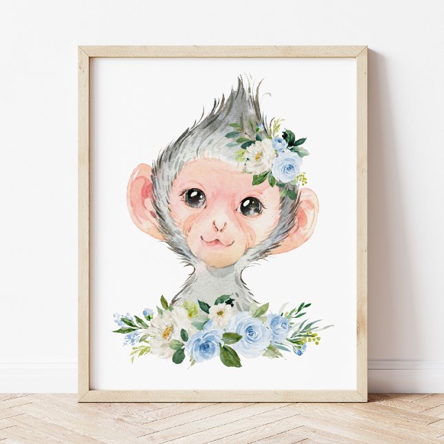 Monkey, Safari, Jungle, Blue Flowers, Boy Nursery Photo Print (Creator Uploaded)