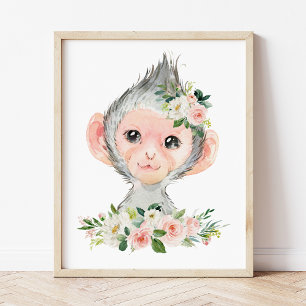 Monkey, Safari, Jungle, Pink Flowers, Girl Nursery Photo Print