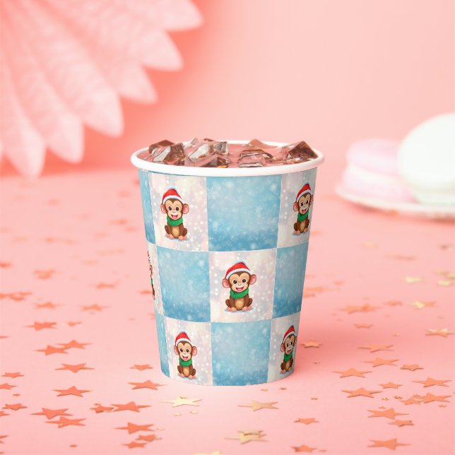 Monkey Santa Happy Merry Christmas check pattern Paper Cups (Insitu)