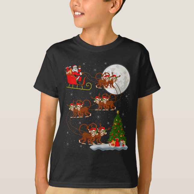 Monkey Santa Sleigh Flying Funny Magical Christmas T-Shirt (Front)