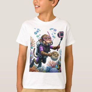 Monkey Scuba Diver Selfie with Grumpy Pufferfish T-Shirt
