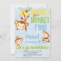 Monkey see monkey two boy birthday invite.