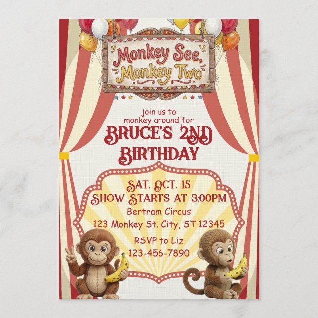 Monkey See Monkey Two, Circus 2nd Birthday Invitation (Front)