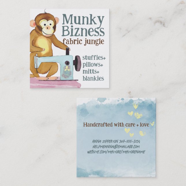 Monkey sewing machine seamstress quilting crafts square business card (Front/Back)