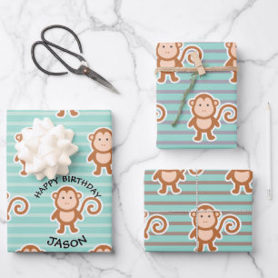 Monkey Stripes Happy Birthday Wrapping Paper Sheet