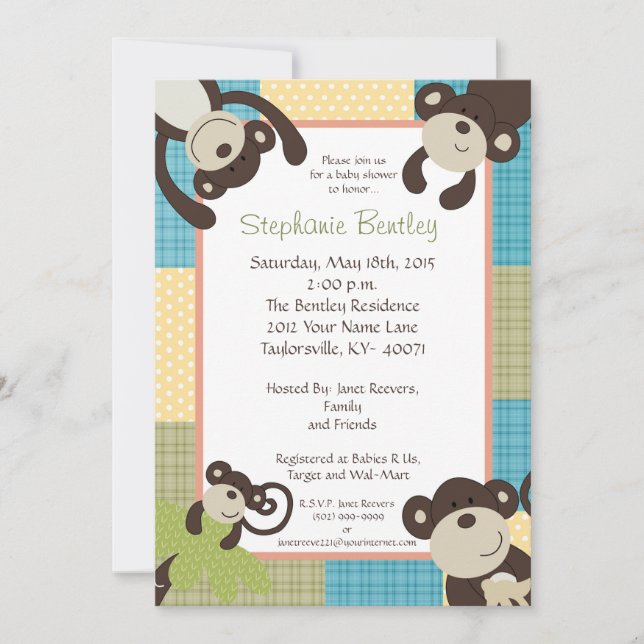 Monkey Time Mod Monkey 5x7 Baby Shower Invitation (Front)