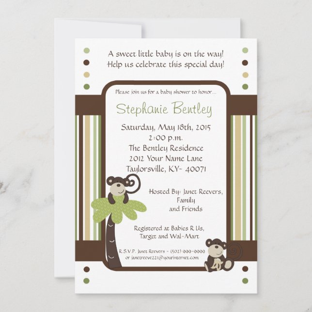 Monkey Time Mod Monkey 5x7 Baby Shower Invitation (Front)