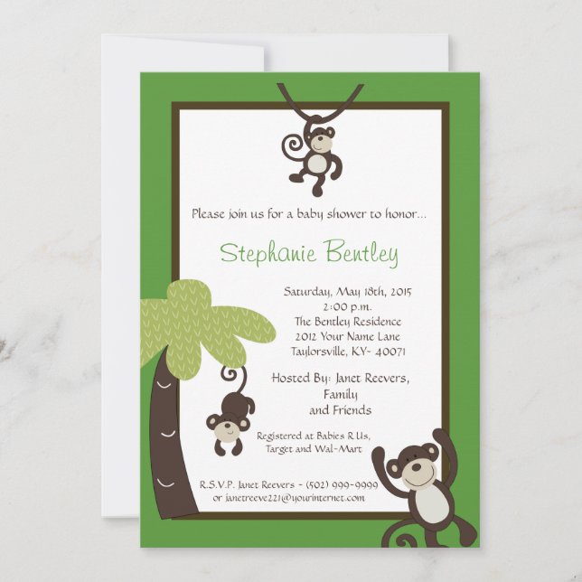 Monkey Time Mod Monkey 5x7 Baby Shower Invitation (Front)