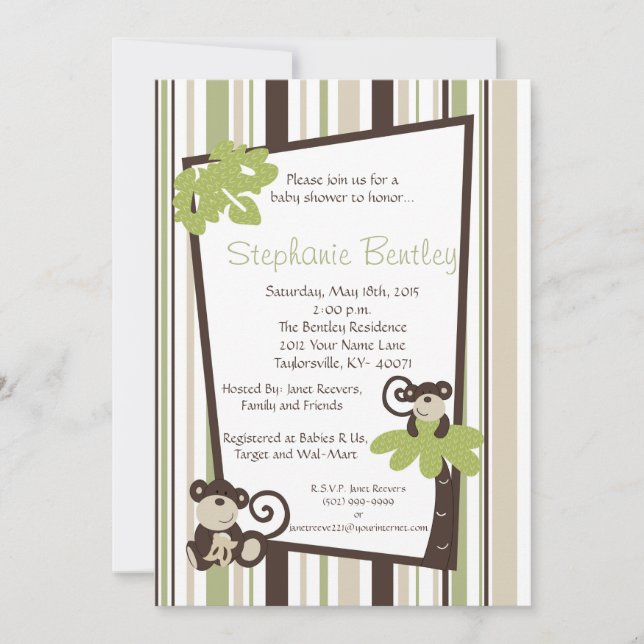 Monkey Time Mod Monkey 5x7 Baby Shower Invitation (Front)