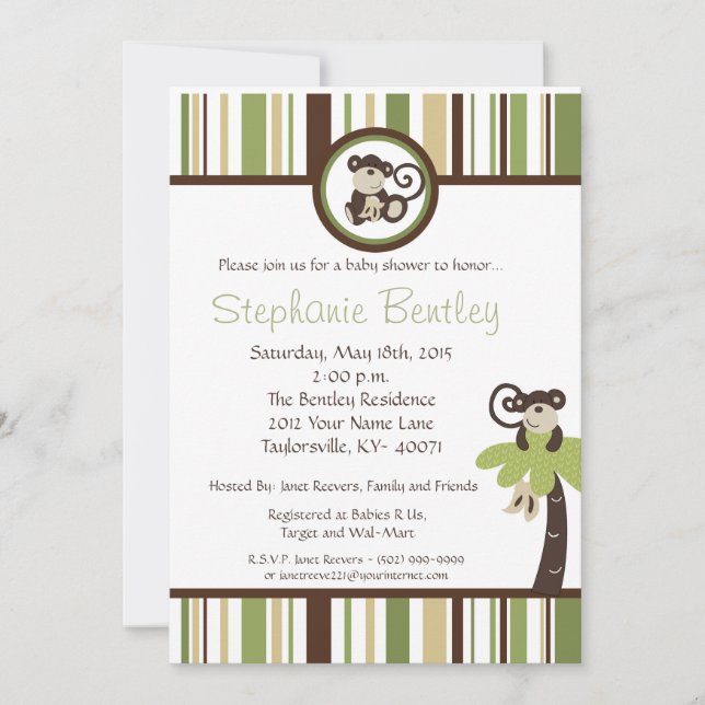 Monkey Time Mod Monkey 5x7 Baby Shower Invitation (Front)