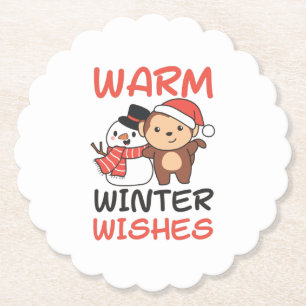 Monkey Warm Winter Wishes Snowman Paper Coaster
