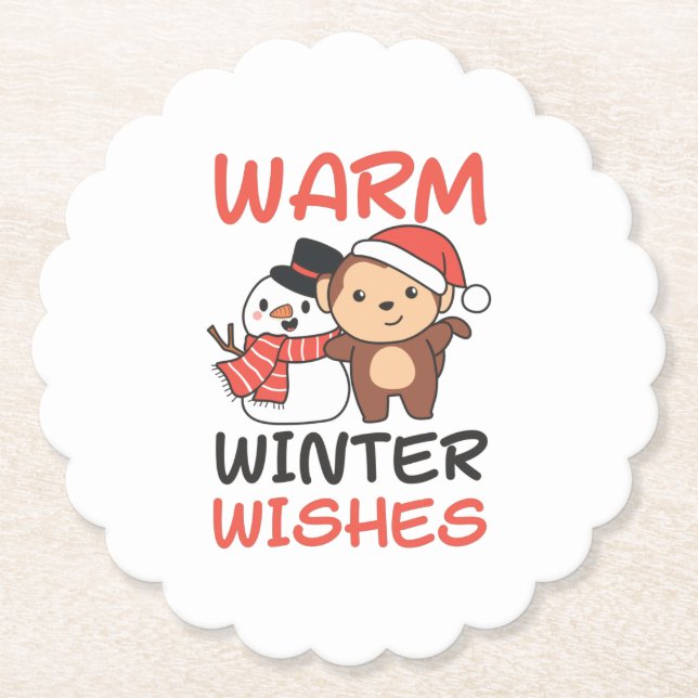 Monkey Warm Winter Wishes Snowman Paper Coaster (Front)