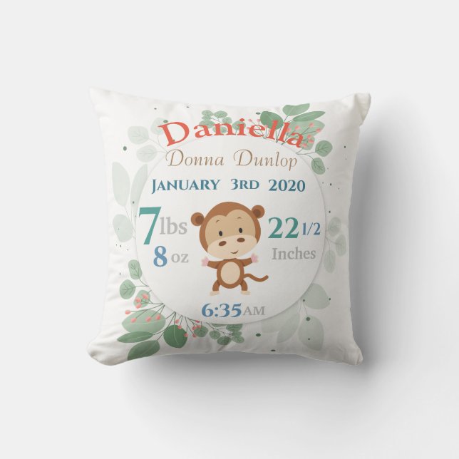 Monkey  with Bordered Leaves Baby Birth Stats Cushion (Front)