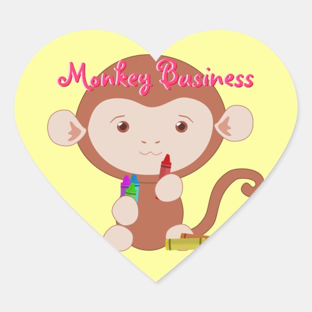 Monkey with Crayons Heart Stickers (Front)
