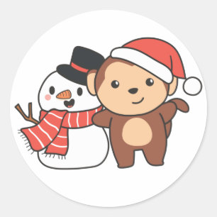 Monkey With Snowman In Winter For Christmas Classi Classic Round Sticker