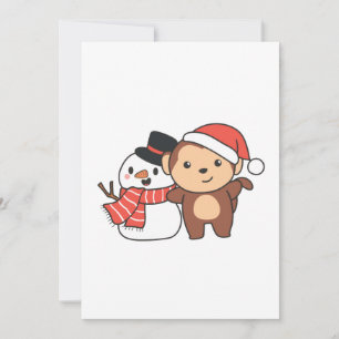 Monkey With Snowman In Winter For Christmas Holiday Card